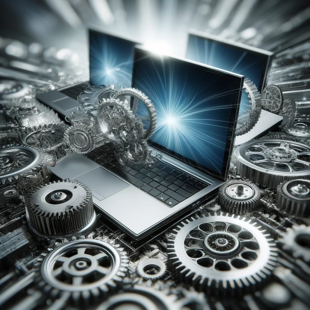 Notebooks conectados a engrenagens, representando a automação de processos corporativos